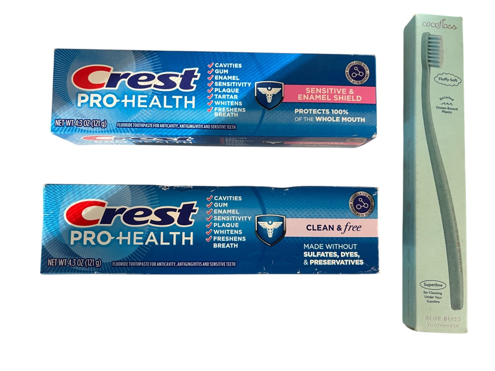Mixed lot Crest Pro-Health Sensitive & Enamel Shield + Clean & Free +Toothbrush