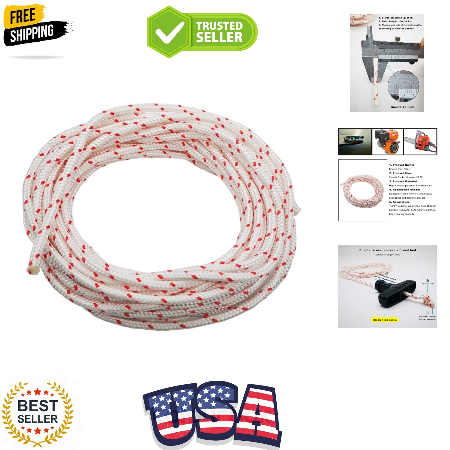 Recoil Starter Rope 10 Meter Diameter 5.0mm, Engine Starter Rope, Generator, ...
