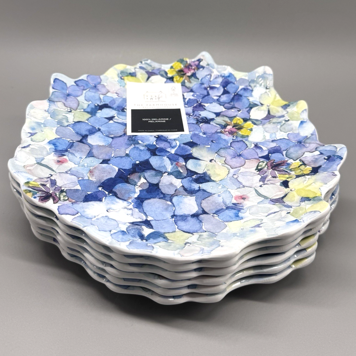 6 Rachel Ashwell Farmhouse MELAMINE Salad Plate Set Hydrangea Blue