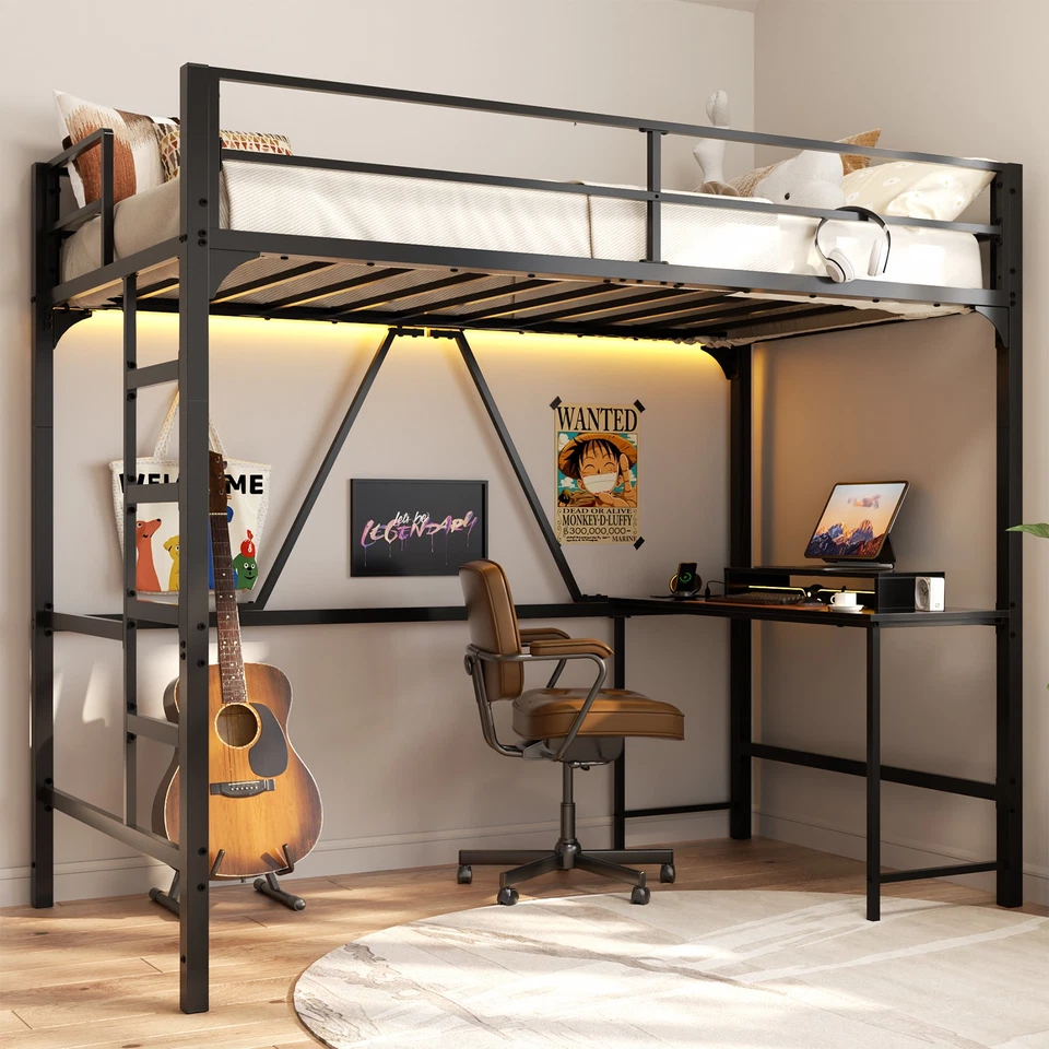 Cama tipo loft de tamaño doble con toma de corriente de escritorio y marco de cama de alta resistencia ligero LED negro Foto 2 de 4