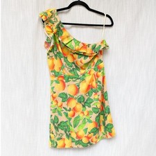 FARM Rio Orange Sands Citrus Print One Shoulder Linen Blend Mini Dress, size M