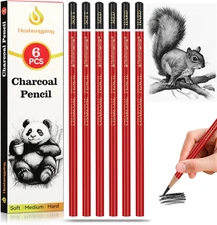 Professional Charcoal Pencils Drawing Set Sketching Kit -6 Pieces Soft, Medium H