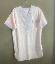 Seersucker Pastel Striped Grandma Nightgown Size: Small Housecoat Duster Vtg