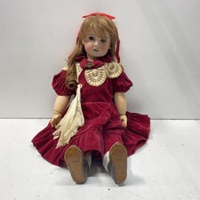 Tete Jumeau Bisque SFBJ Paris 19 Red Dress Brown Hair Fabric Antique Doll