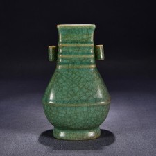 Qianlong Signed Old Chinese Ru Kiln Pea Green Glaze Vase w/ear U2161