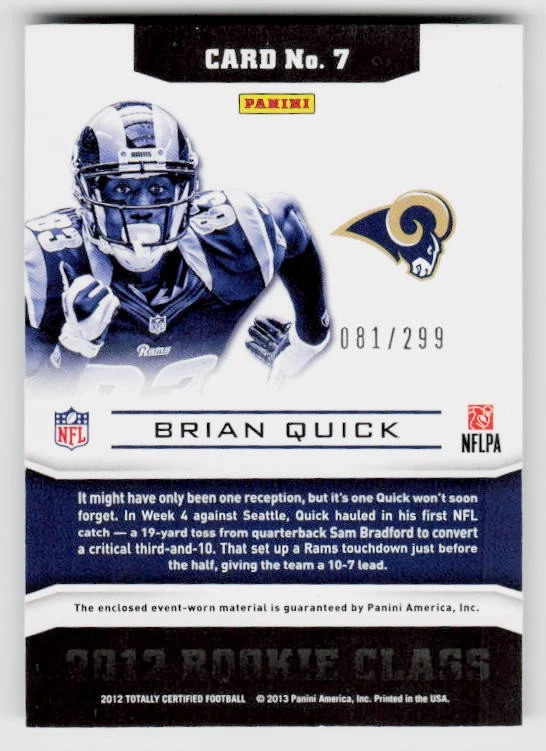 2012 Panini Totally Certified #7 Brian Quick Down and Dirty Materials #/299 - Image 2 of 2