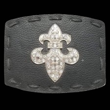 Vintage Belt Buckle Black Leather Metal Back Fleur De Lis Goth Unisex