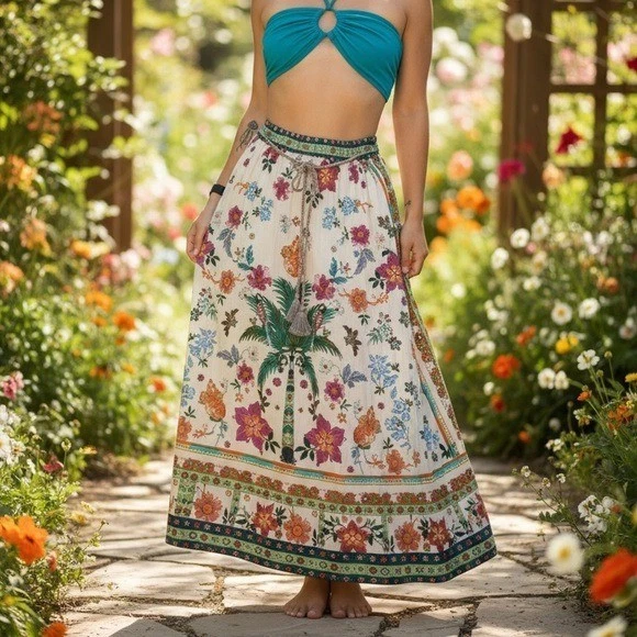 Rachel Zoe Linen Rayon Tropical Parrot Printed Maxi Skirt Size Small Bohemian