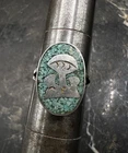 SZ 7 Vintage 70s Sterling Silver Turquoise Inlay Mushroom Hippie Estate Ring 925