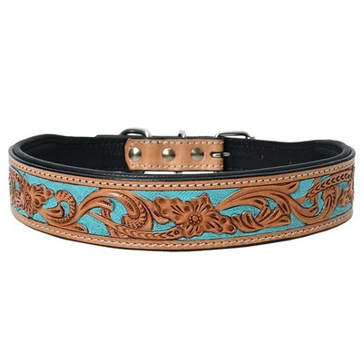 Hilason Turquoise Floral Hand Tooled Strong Genuine Leather Dog Collar
