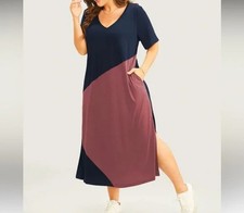 Colorblock Contrast V Neck PocketSplit Hem Dress