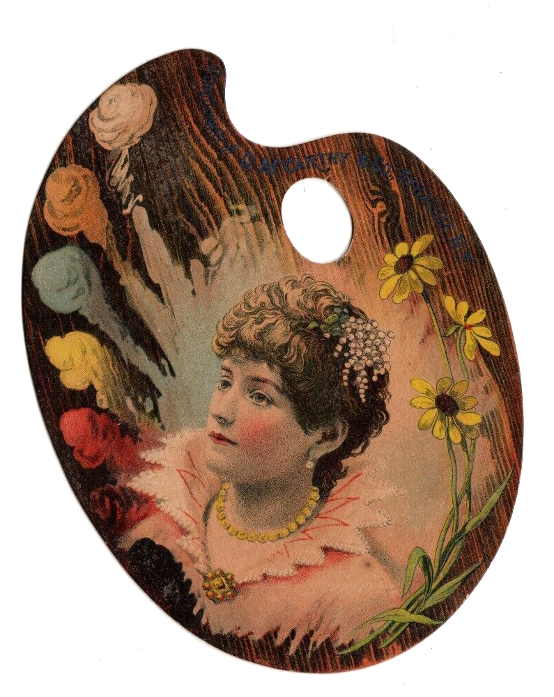1882 Victorian Trade Card Painter's Palette Woman & Daisies