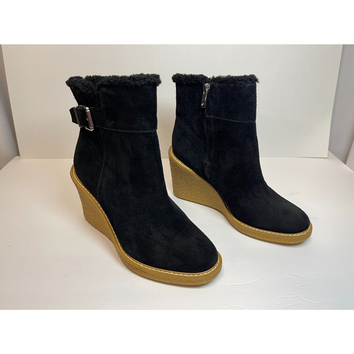 NWOB Franco Sarto, women's Ulayna Black Suede faux fur Ankle Wedge  Boots