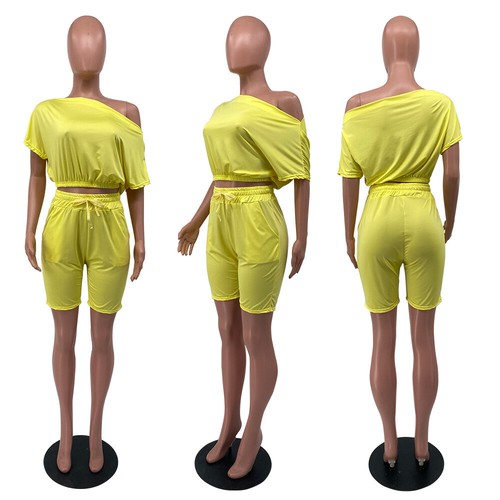 Fashion New Women Solid Sloping Shoulder Drawstring Patchwork Pants Set Outfits - Picture 8 of 20