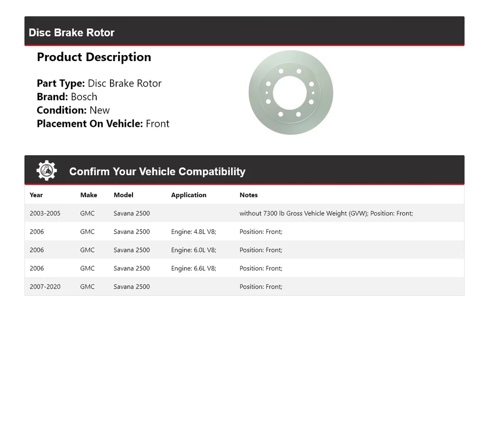 Rotor de freno de disco delantero para GMC Savana 2500 Bosch QuietCast 2003-2020 2004 2005 Foto 2 de 4
