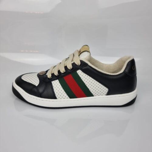 Gucci Screener Black And White Men's Leather Sneakers New - Picture 1 of 9