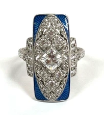 Epiphany Art Deco Style Sterling Silver Clear Stone Blue Enamel Ring Size 10 FZZ