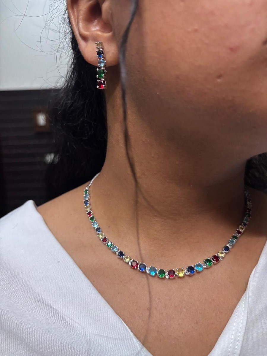 American Diamond Bridal Choker Set With Earrings Heavy AD Necklace Set  Silver