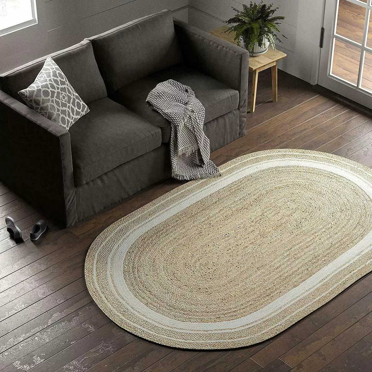 Rug 100% natural jute reversible handmade oval rug area carpet modern  living rug