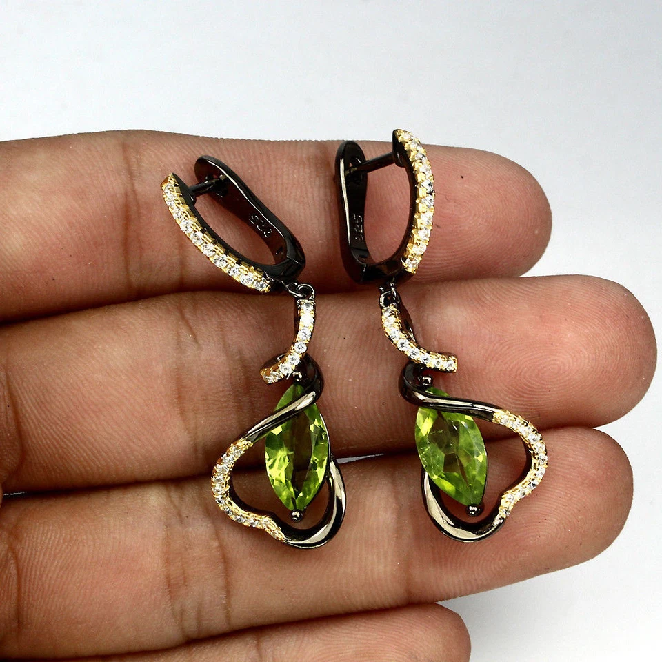 925 Sterling Silver Earrings Marquise Peridot 12x6mm Natural Gemstone Jewelry - Image 2 of 4