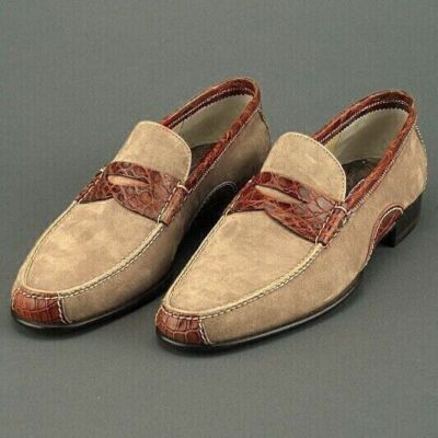 Men's Beige Camel Suede Brown alligator Leather Shoe Slip On Loafer Formal Shoes