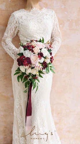 Ling's Moment Romantic Marsala Bridal Bouquet 13 Inch Burgundy Wedding Bouquet