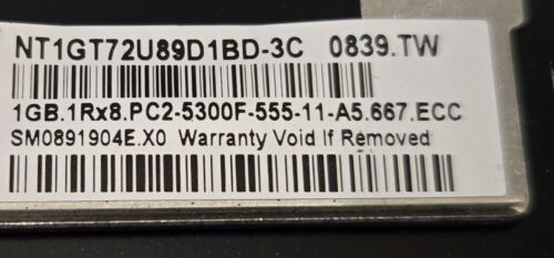Nanya 4GB DDR2 Ram (4x1GB) ~ NT1GT72U8PB1BD-3C-2Rx8 PC2-5300F-555-11-A5 677 ECC - Picture 3 of 3