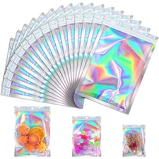 100-400pcs Holographic Mylar Foil Bag Resealable Zip Pouch Packaging Clear Front