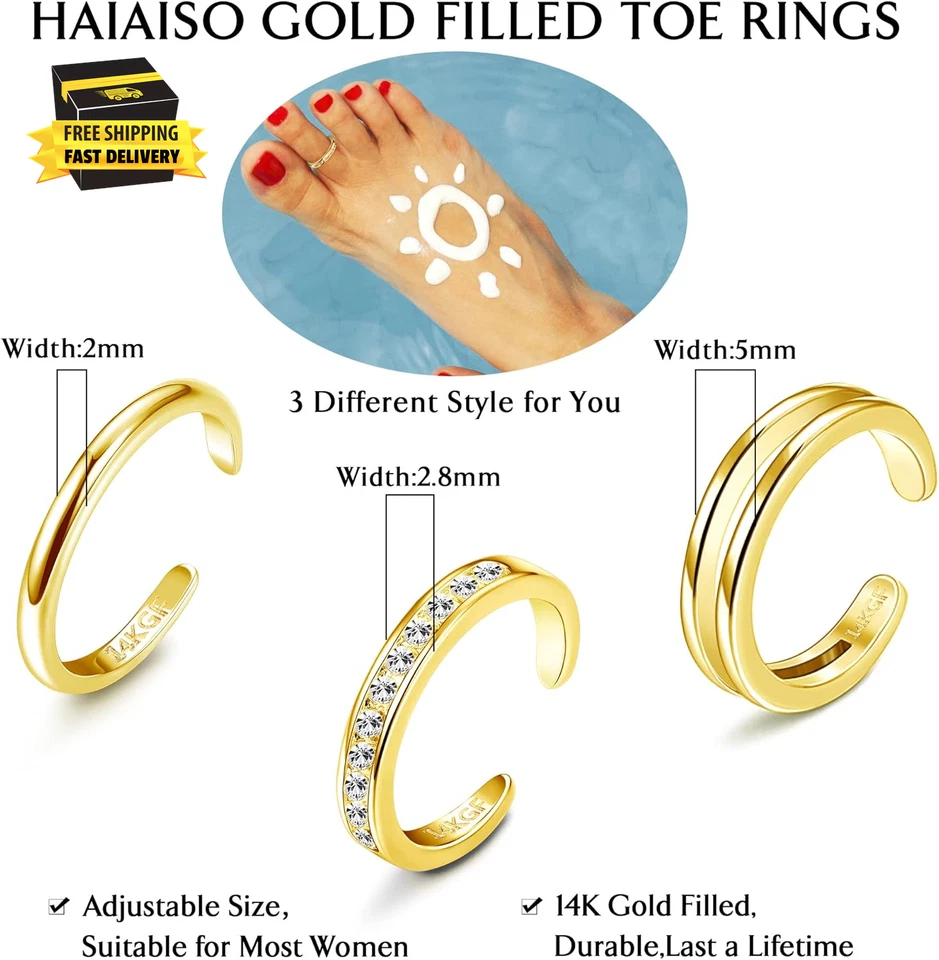 Anillos de dedo del pie rellenos de oro de 14K anillos de dedo del pie abiertos ajustables banda de circonita cúbica anillo de dedo del pie Foto 2 de 4