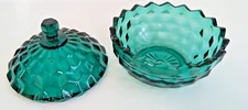 MCM Indiana Glass candy dish evergreen Whitehall lidded green bowl sawtooth lid