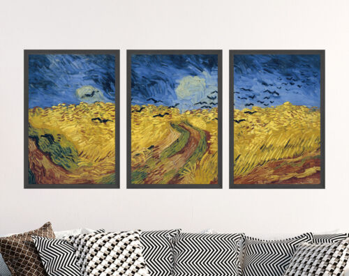 Vincent Van Gogh Set of Three Triptych Painting - Wheatfield w Crows Art Print - Afbeelding 1 van 9