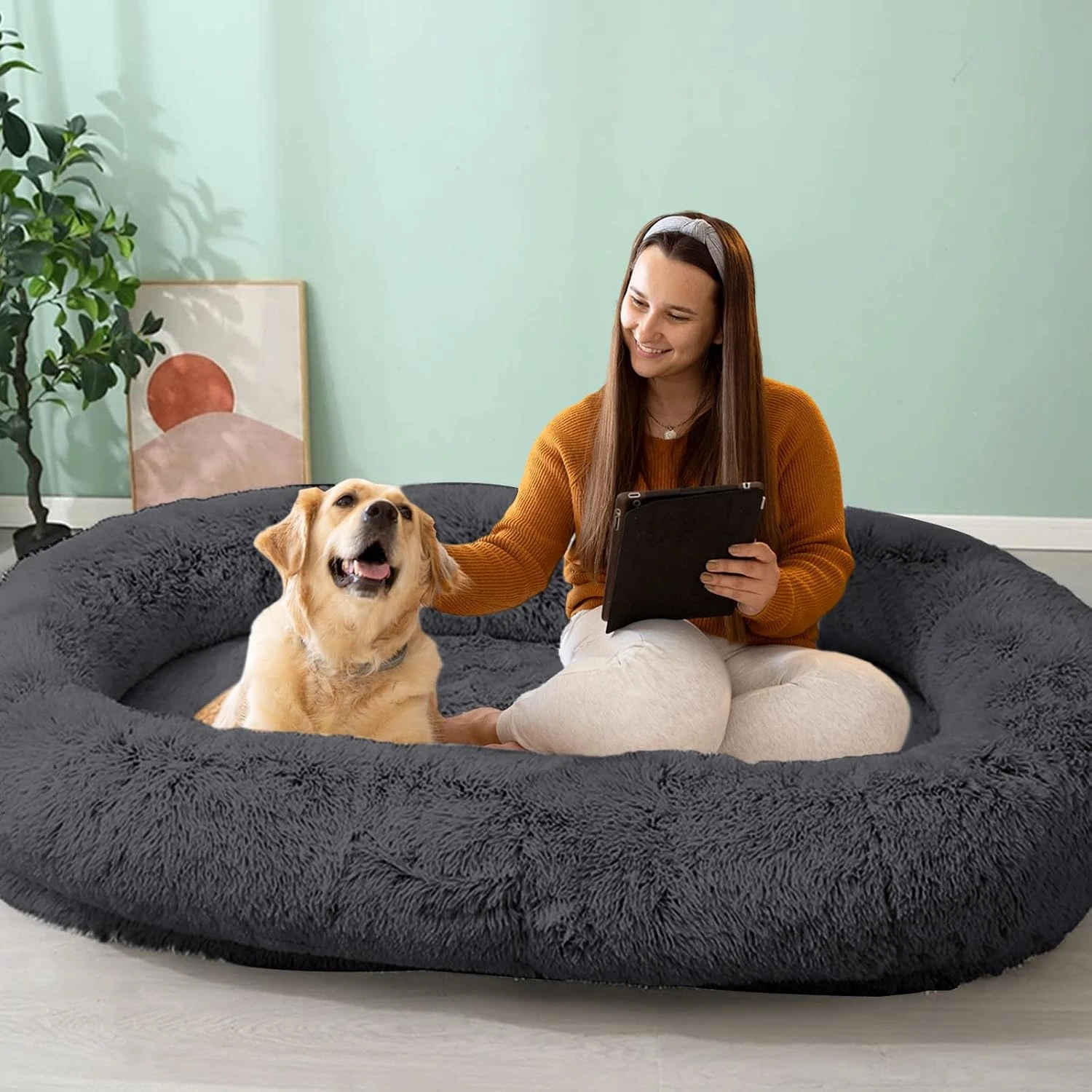 Ultra-Soft Plush Human Dog Bed for Adults & Pets - Dark Grey, Washable Cover