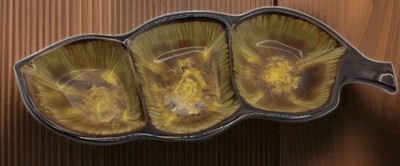 Vintage MCM Glazed Japan Redware Pea Pod Divided Dish 