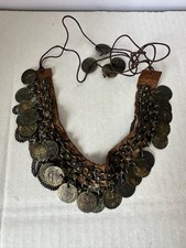 Vintage Style Belly Dance Coin Necklace Brown Leather Tribal Costume Jewelry