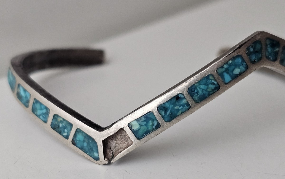 Vintage Zuni Native American Silver 925 Inlay Turquoise Zig Zag