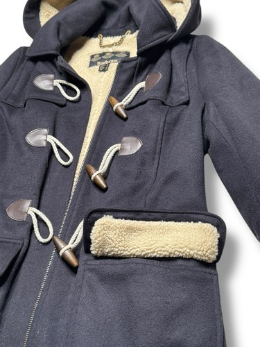 Barbour Wool Cashmere Duffle Coat Navy UK 8 Shearling Lined Mission Toggle Hood - Picture 6 of 17