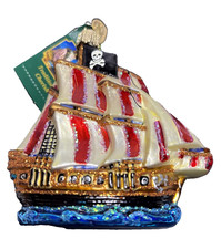 Old World Christmas Blown Glass Ornament Pirate Ship Sailing Boat Nautical