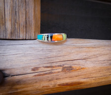 Navajo Turquoise Band Ring Silver Multi Inlay Size 5.5 - 9.5 Native American VTG