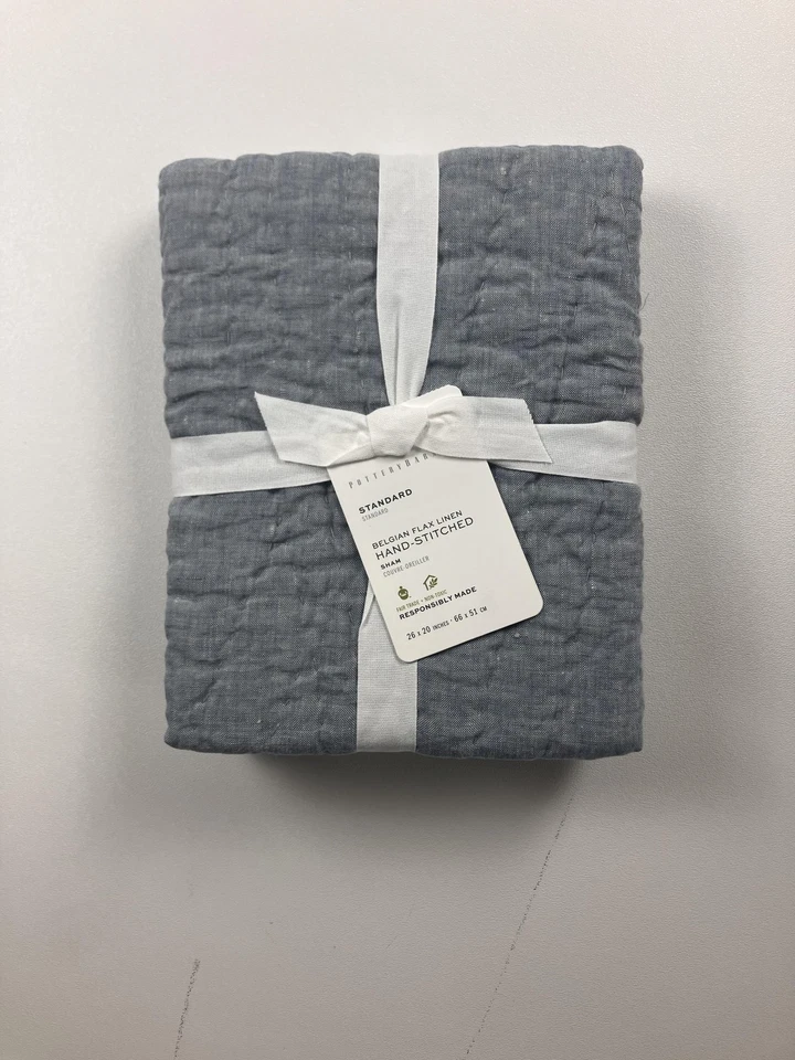 Pottery Barn бельгийский лен сшитая вручную наволочка набор из 2 стандартных серых - Изображение 2 из 3