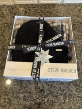 Womens Steve Madden Hat & Scarf Set Black/Gray Plaid One Size