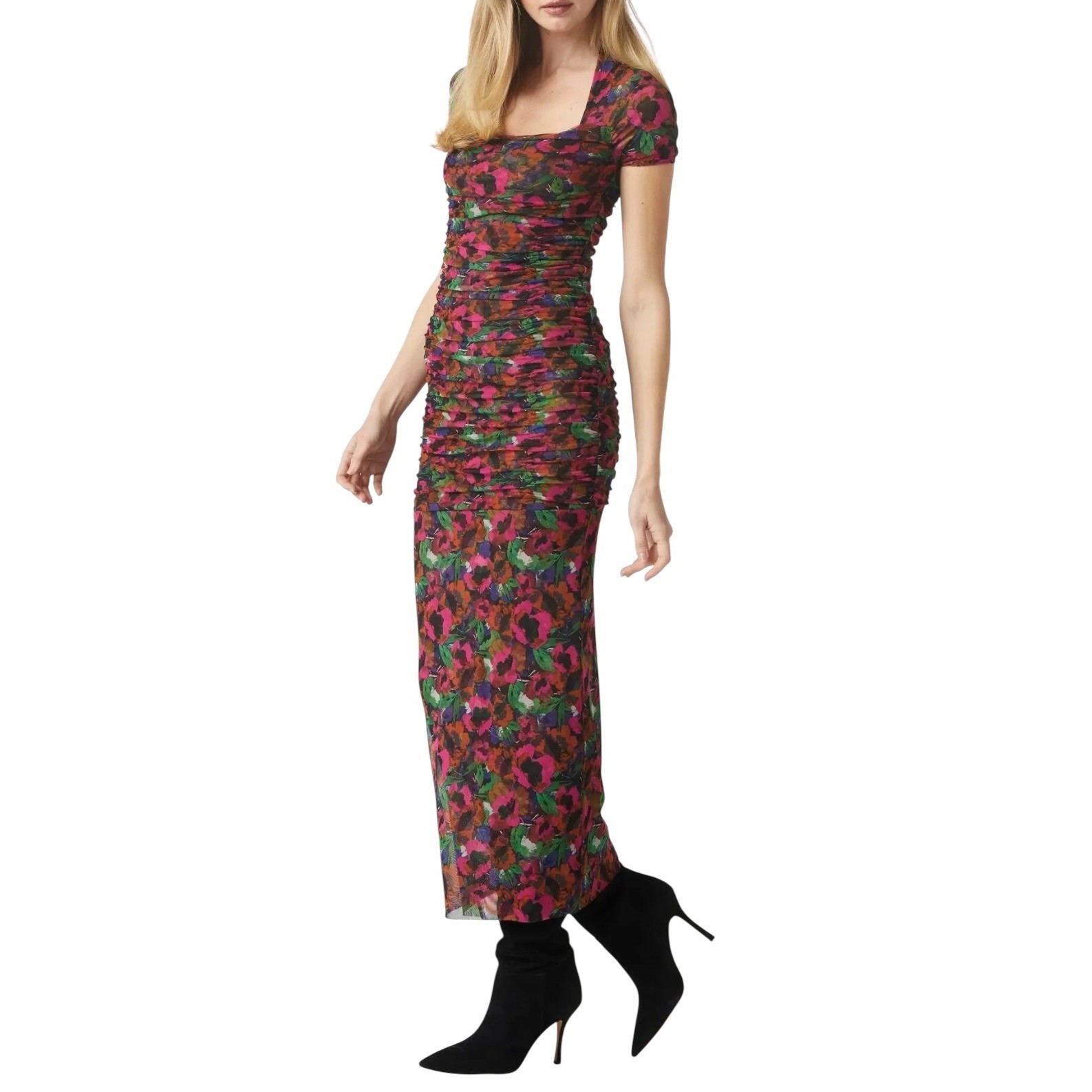 MISA Size S Los Angeles Marilyn Floral Ruched Midi Dress Jewel Tone Mesh Womens