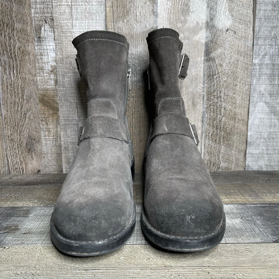 Botas femininas Frye Vicky camurça polida acastanhada curta média engenheiro fivela tamanho 8 B - Imagem 3 de 4