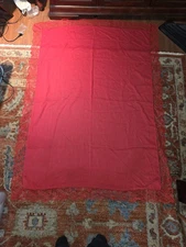 Red Linen Tablecloth w/ Wide Floral Lace Border Large 67x48