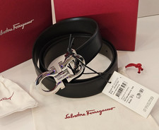 Ferragamo Belt Men Black Leather Silver Buckles Adjustable Size 85-105