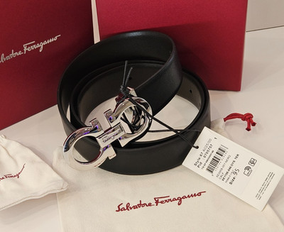 Ferragamo Belt Men Black Leather Silver Buckles Adjustable Size 85-105