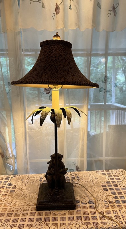 32” Monkey Under A Tropical  Palm Tree Brass Table Lamp W/ Velvet Lamp Shade