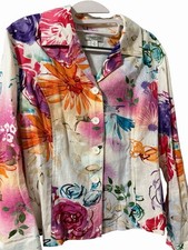 Coldwater Creek White Multicolor Floral Long Slv Blazer Linen Blend Size 14