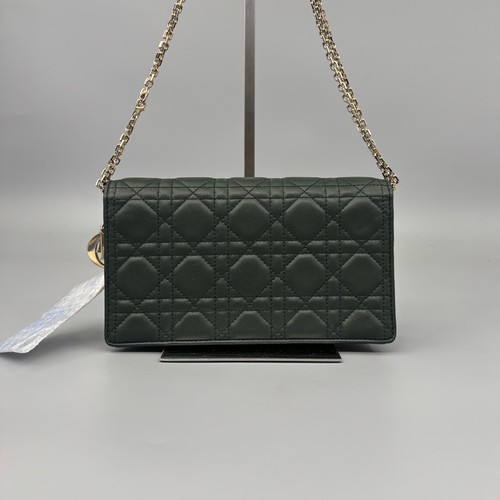 Authentic Dior Lady Dior WOC 3-in-1 Chain Pouch Bag Dark Green Gold HW