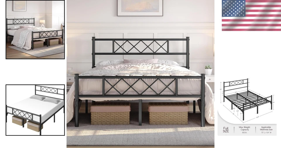 Marco de cama negro duradero de tamaño completo - Soporte de listones de acero Foto 2 de 4