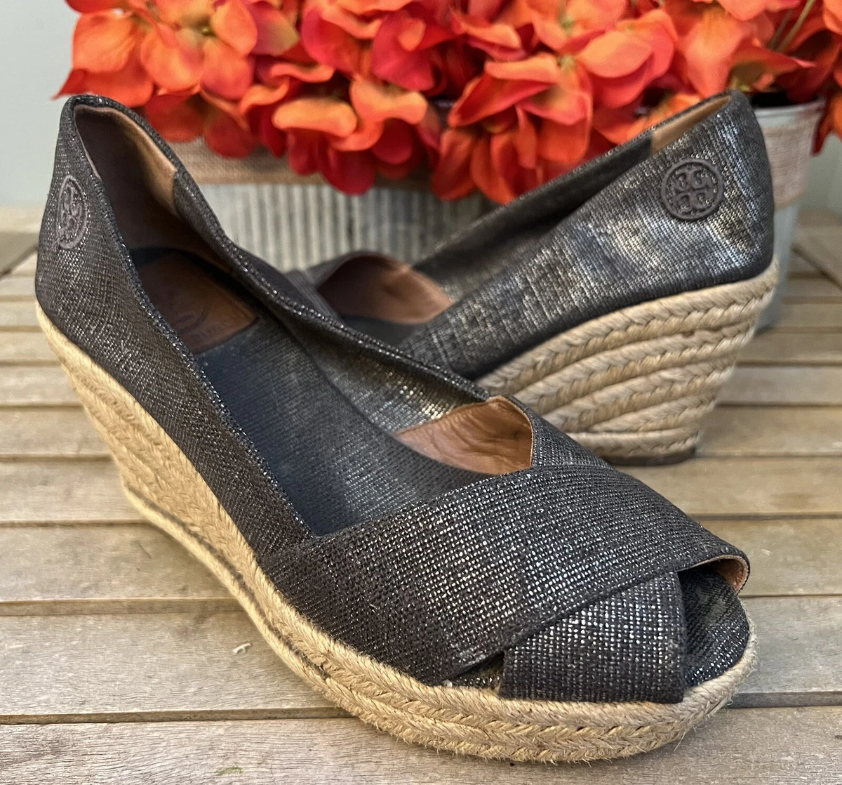 Tory Burch Filipa Pewter Silver Metallic Espadrille Wedge Sandals